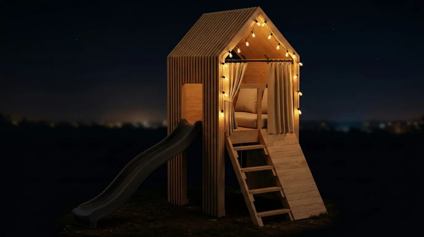 Der Design-Spielturm am Abend mit warmem Licht im Spielhaus