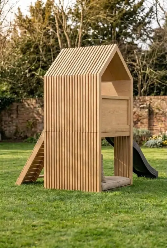 Die Holzlamellen laufen an den Seiten und über das Dach des Design-Spielturms