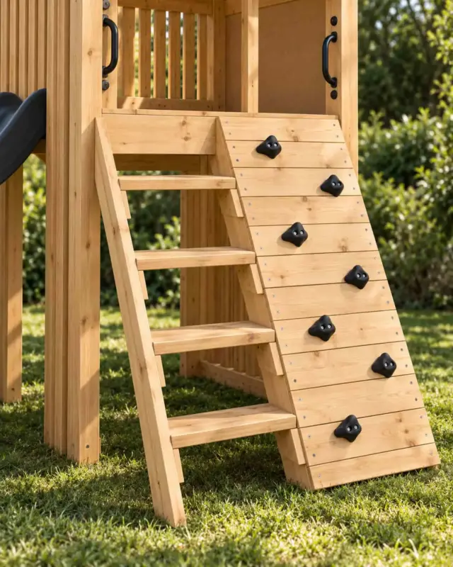Die Treppe des Design-Spielturms mit breiten Holzstufen